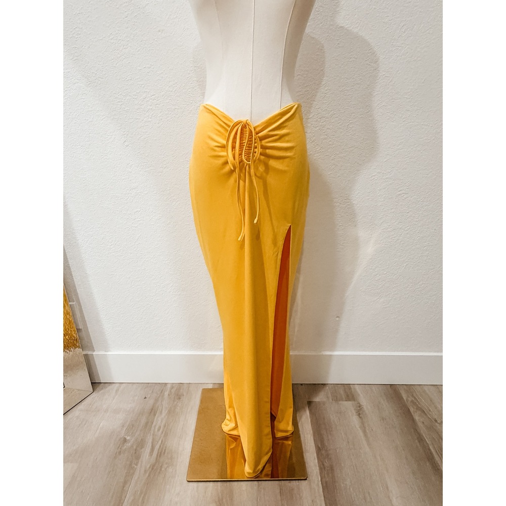 Tiger Mist Maxi Skirt S Yellow Ruched High Slit Clubwear Miami Vegas Going Out